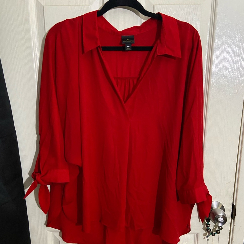 Red Tie Sleeve V Neck L/S